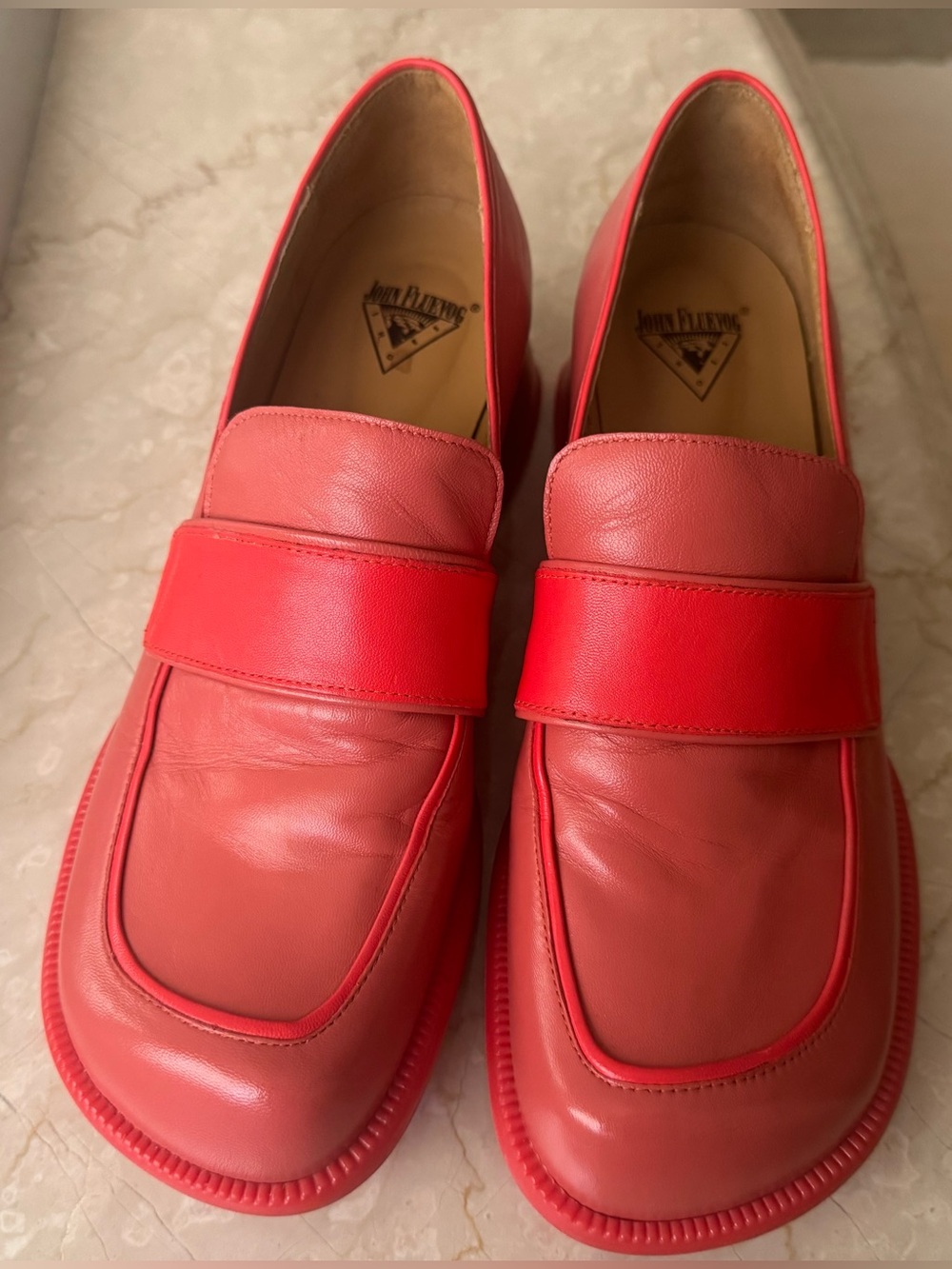 John Fluevog Coral-Red Leather Loafers
